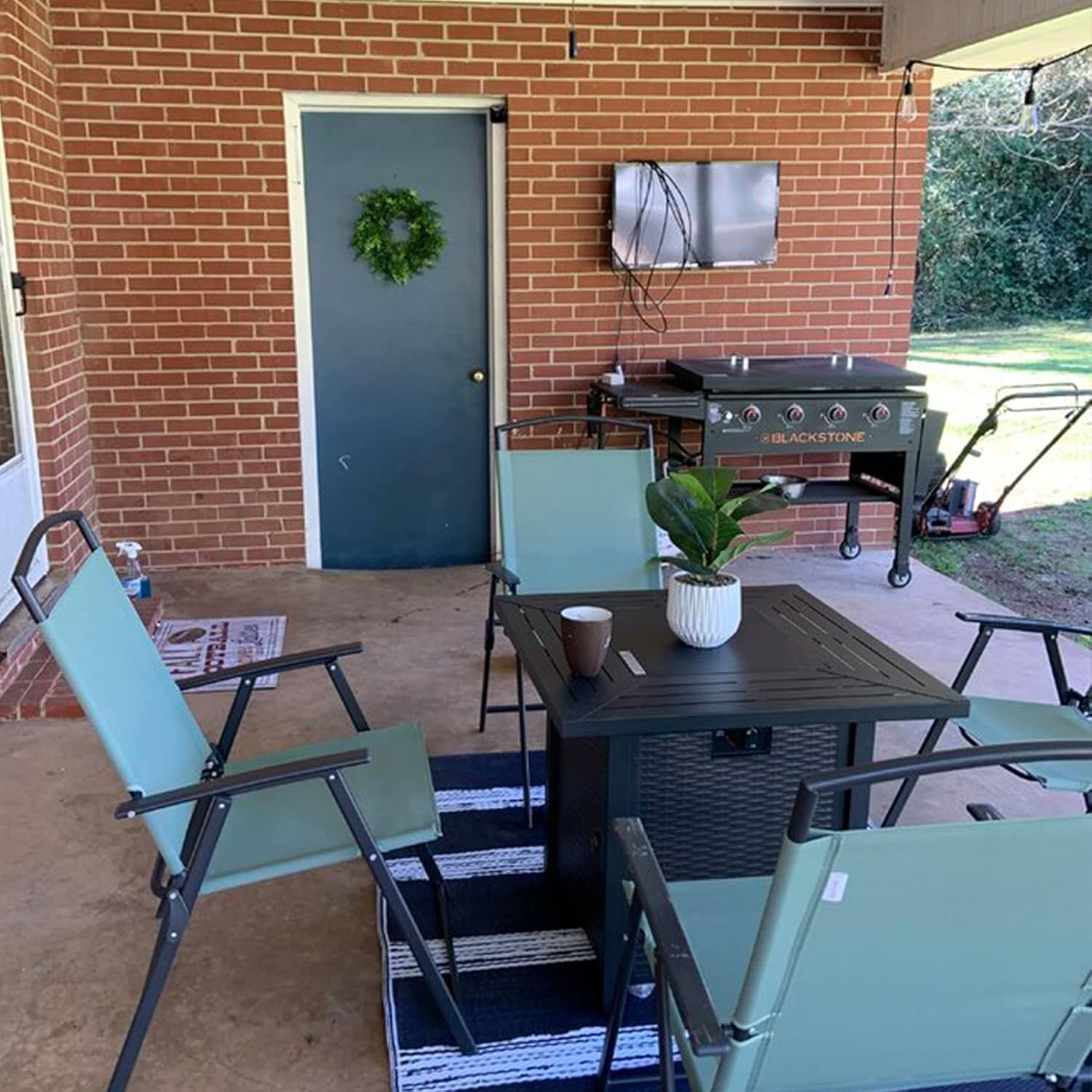 2026 Sales28-inch, 50,000-watt automatic ignition gas fire pit table, CSA-certified, imitation wicker wood material, equipped with a 6.6-pound stone shelf, suitable for gardens/terraces/balconies/backyards.