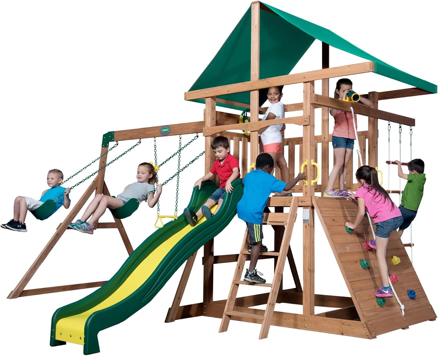 2026 SalesBackyard Discovery Mount Mckinley Cedar Wood Swing Set with Wave Slide, Play Deck, Double Rock Wall, Rope Ladder, Web Swing, Belt Swings, Toy Telescope, Steering Wheel, Sandbox Area, Outdoor Playset