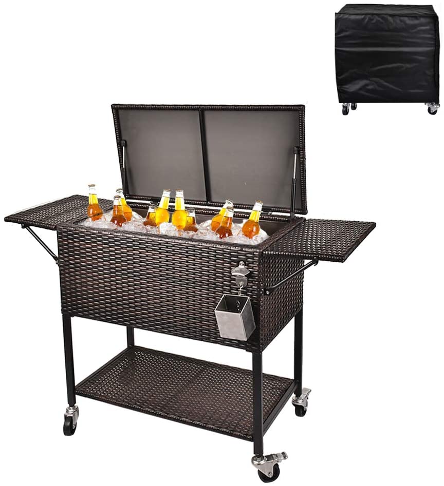 2026 Sales80 Quart Rattan Rolling Cooler Cart, Portable Wicker Cooler Trolley, Backyard Party Drink Beverage Bar