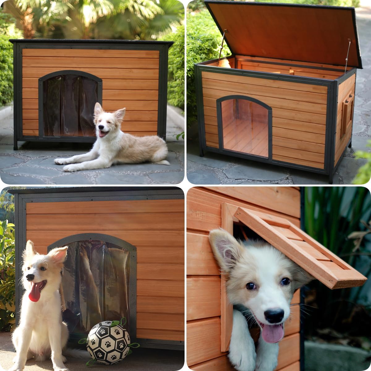 43.3-inch L-shaped outdoor dog house with insulation feature, a dog shelter made of fully sealed foam material on all six sides, suitable for small, medium-sized and large dogs, equipped with a sturdy metal anti-bite frame, and featuring winter insul