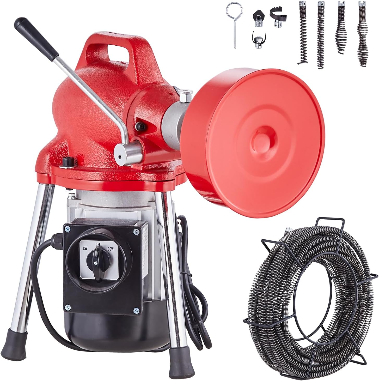 2026 SalesSegmented sewer cleaning machine 66 feet x 5/8 inches, 250-watt electric sewer unclogger with manual feeder - equipped with 2 steel cables, 7 cutters and clockwise/counterclockwise control device, suitable for 1.6-inch to 4-inch pipes.