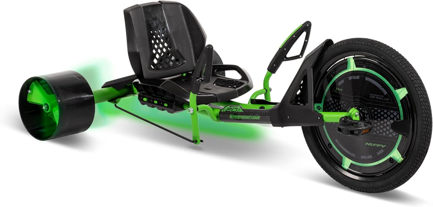 2026 Sales20-inch drift tricycle, with smooth lines and comfortable design, adjustable seat, sturdy steel frame, easy to operate, suitable for children over 8 years old, equipped with LED lighting and foot brakes, available in green and black colors.