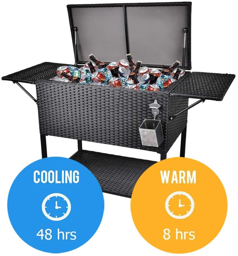 2026 Sales80 Quart Rattan Rolling Cooler Cart, Portable Wicker Cooler Trolley, Backyard Party Drink Beverage Bar