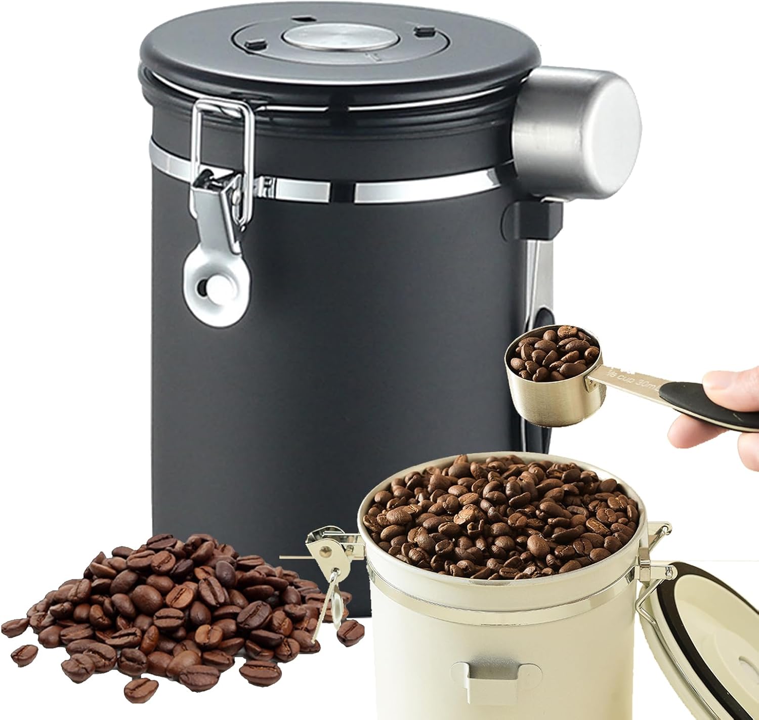 2026 Sales1.8 litre sealed coffee container, portable vacuum coffee storage container, stainless steel spoon with one-way exhaust valve, date tracker and coffee spoon, suitable for coffee shop accessories, coffee beans, tea.