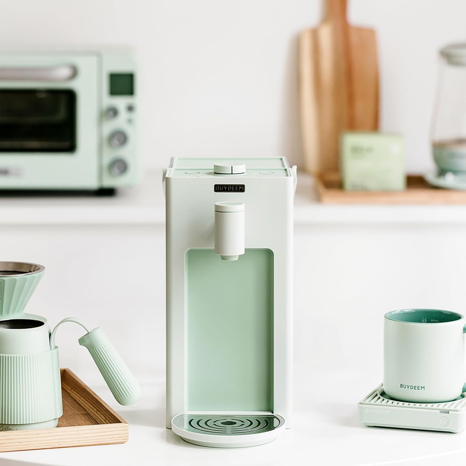 2026 Sales3-liter instant hot water dispenser, desktop water heater, with 8 temperature settings and 5 water volume options, quickly heats up, highly suitable for home and office use, featuring a warm and pleasant light green design.