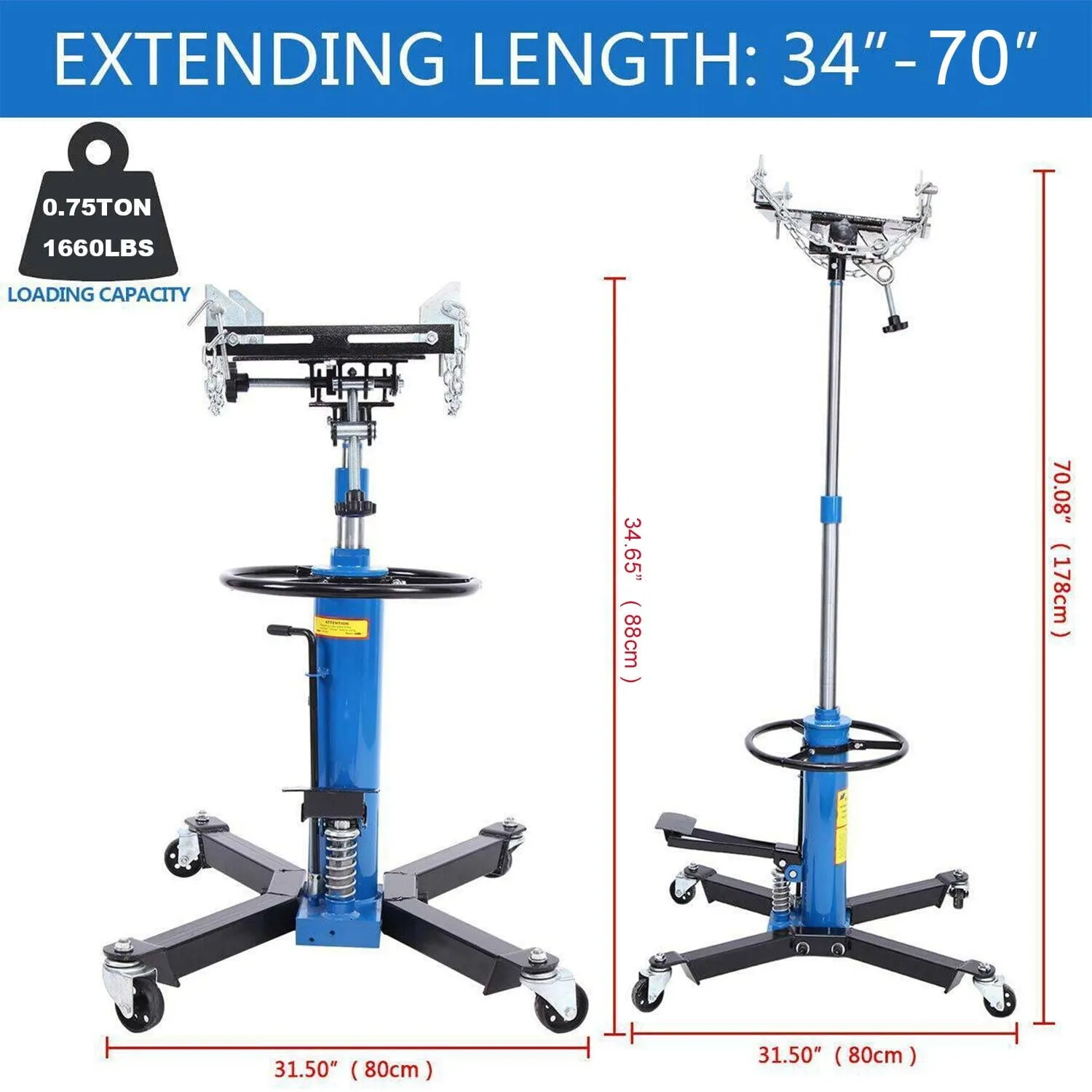 2026 Sales1660 Pounds Hydraulic Car Transmission Jack Vertical Lift with 360° Swivel Wheel Pedal ,Blue,33