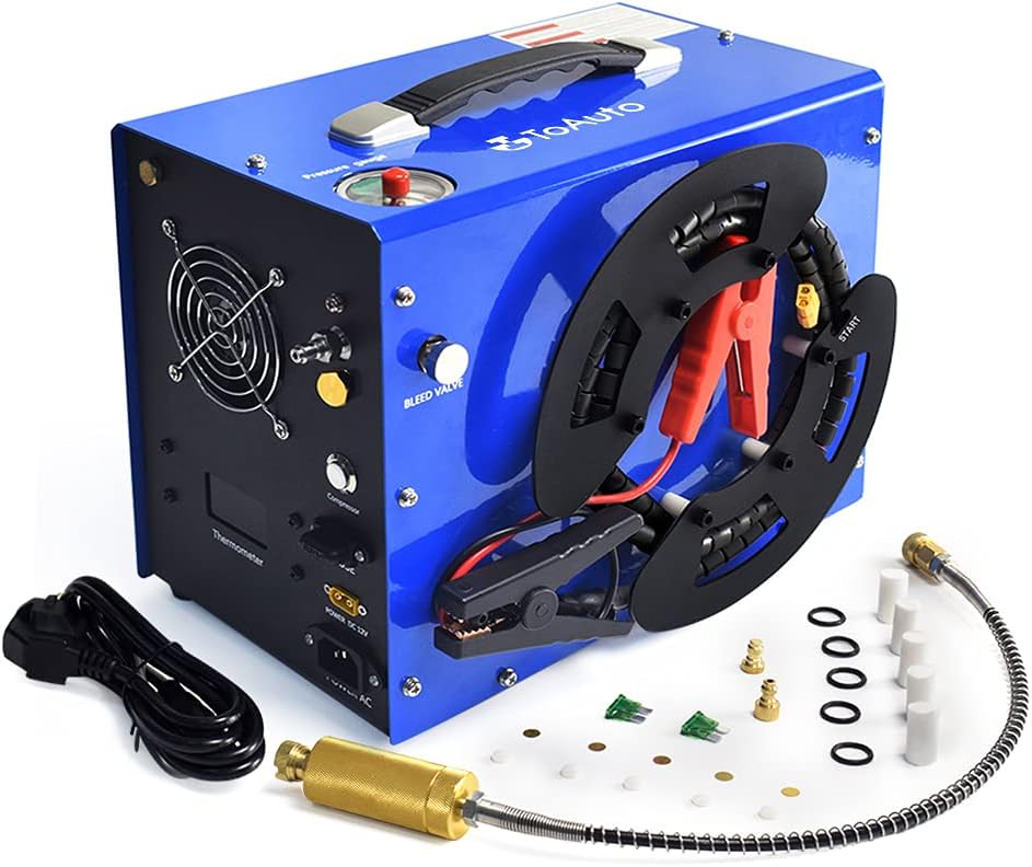 Portable air compressor, unique vertical + reel-type portable design, automatic stop function, oil-free and water-free, pressure of 4500 pounds per square inch / 30 megapascals, suitable for 8mm quick connectors of paint guns/PCP air rifles/gas tanks