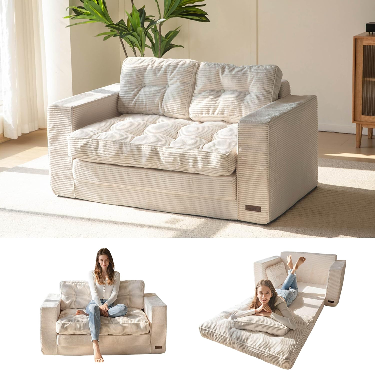 2026 SalesConvertible sofa bed, pull-out double rest sofa, two-in-one folding sofa bed for living room and bedroom, adult padded lounge chair, beige model