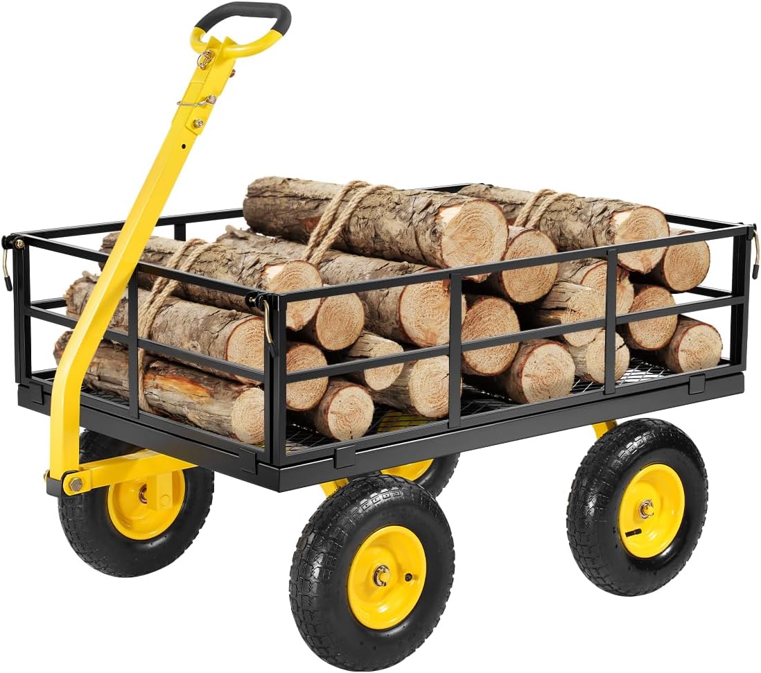 2026 Sales1200-pound steel garden cart, heavy-duty capable of pulling garden truck, two-in-one outdoor metal multi-functional cargo vehicle for garden, equipped with 13-inch all-terrain tires, detachable mesh side panels and 180° rotating handle