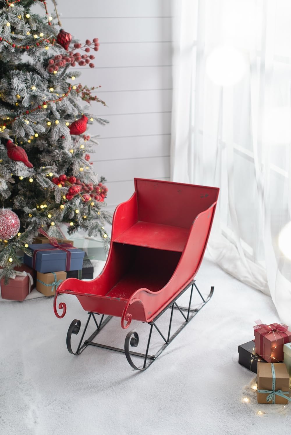 2026 SalesChristmas Sleigh Outdoor Decorations Large-sized Worn Red Metal Santa Sleigh Toy Decoration Gift Basket Winter Decorations Indoor Christmas Garden Santa Sleigh Decoration - 39 inches (Sleigh-L)