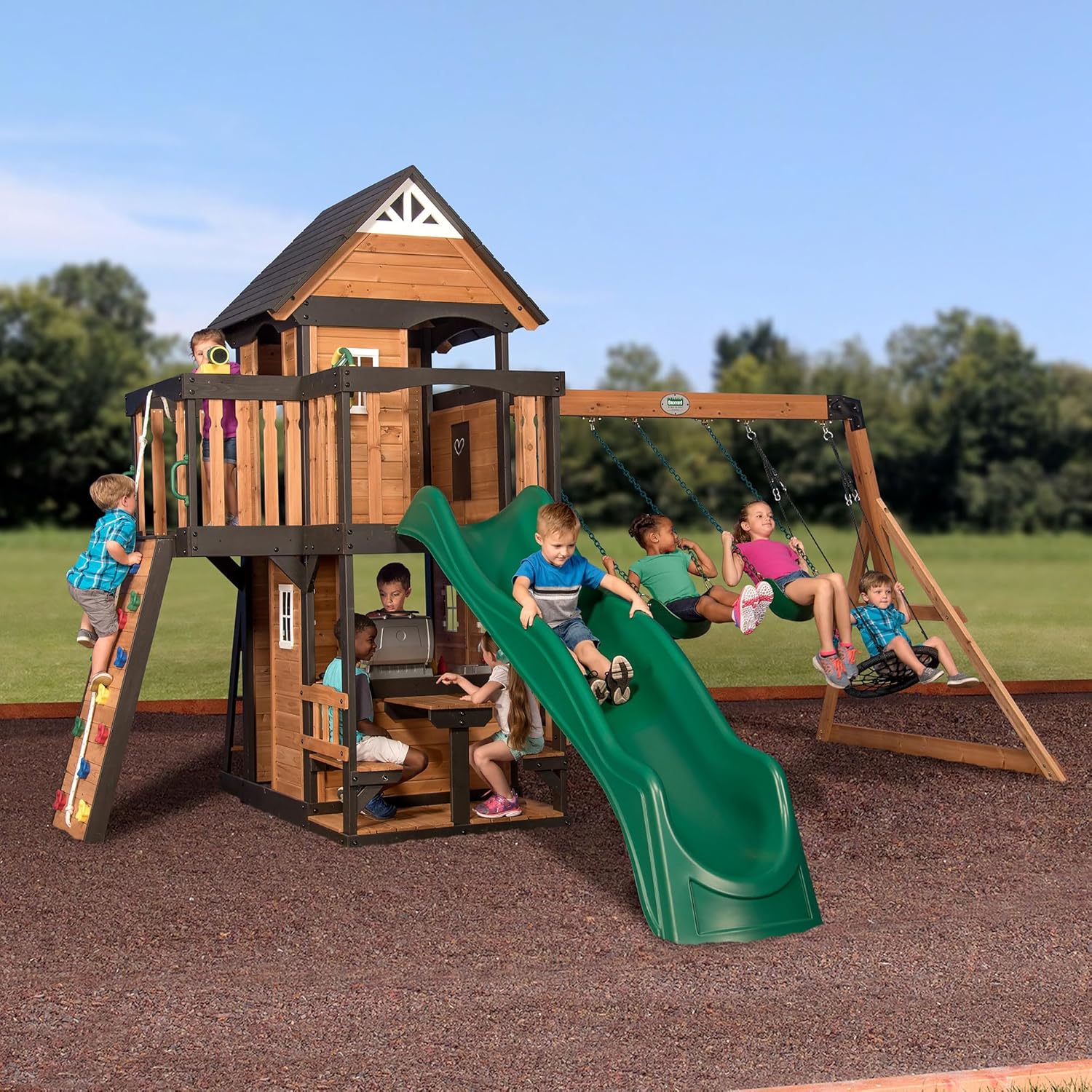 2026 SalesBackyard Discovery Canyon Creek Cedar Wood Swing Set with Wave Slide, Clubhouse, Play Kitchen, Picnic Area, Belt Swings, Web Swing, Rock Wall, Balconies, Playhouse, Step Ladder, Outdoor Playset