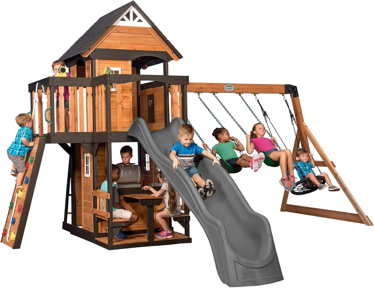 2026 SalesBackyard Discovery Canyon Creek Cedar Wood Swing Set with Wave Slide, Clubhouse, Play Kitchen, Picnic Area, Belt Swings, Web Swing, Rock Wall, Balconies, Playhouse, Step Ladder, Outdoor Playset