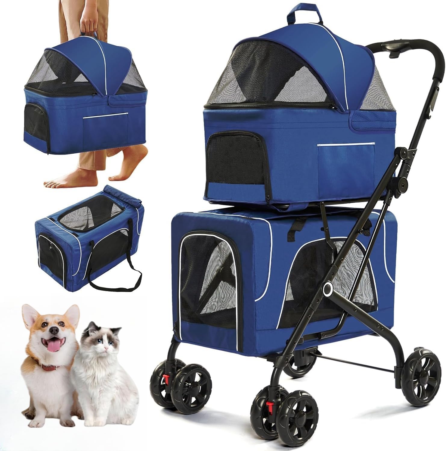 2026 SalesDouble Dog Stroller for 2 Dogs, Detachable Carriers, Safety Belt, Lockable Wheels, Pet Travel Carrier Strolling Cart, Folding Cat Stroller for Small Medium Pets Dogs (Blue)
