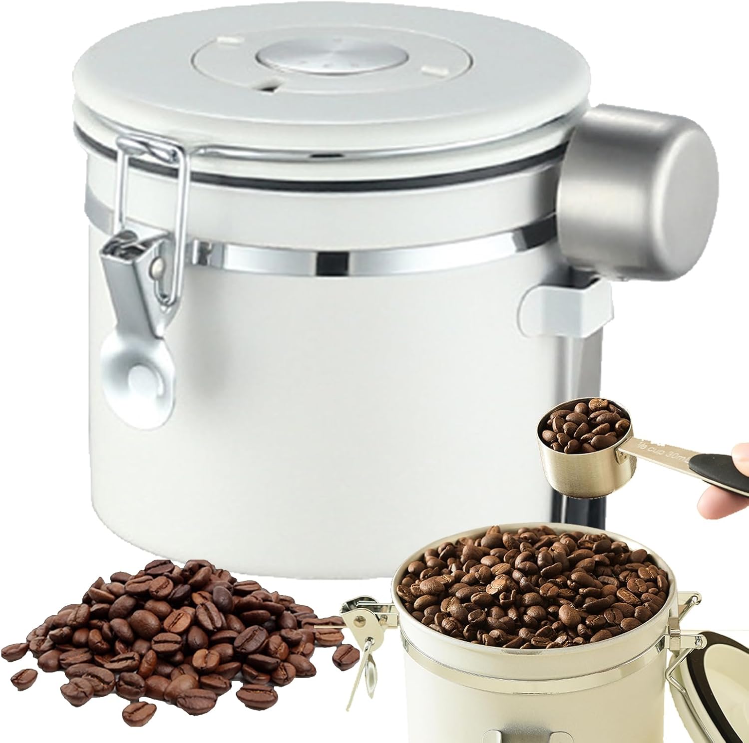2026 Sales1.8 litre sealed coffee container, portable vacuum coffee storage container, stainless steel spoon with one-way exhaust valve, date tracker and coffee spoon, suitable for coffee shop accessories, coffee beans, tea.