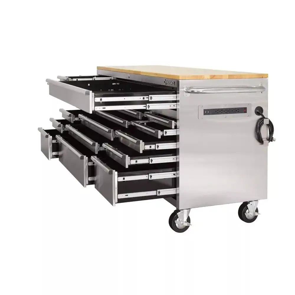2026 Sales72 in 18-Drawer 24 in. D Mobile Workbench with Solid Wood Top Stainless Steel