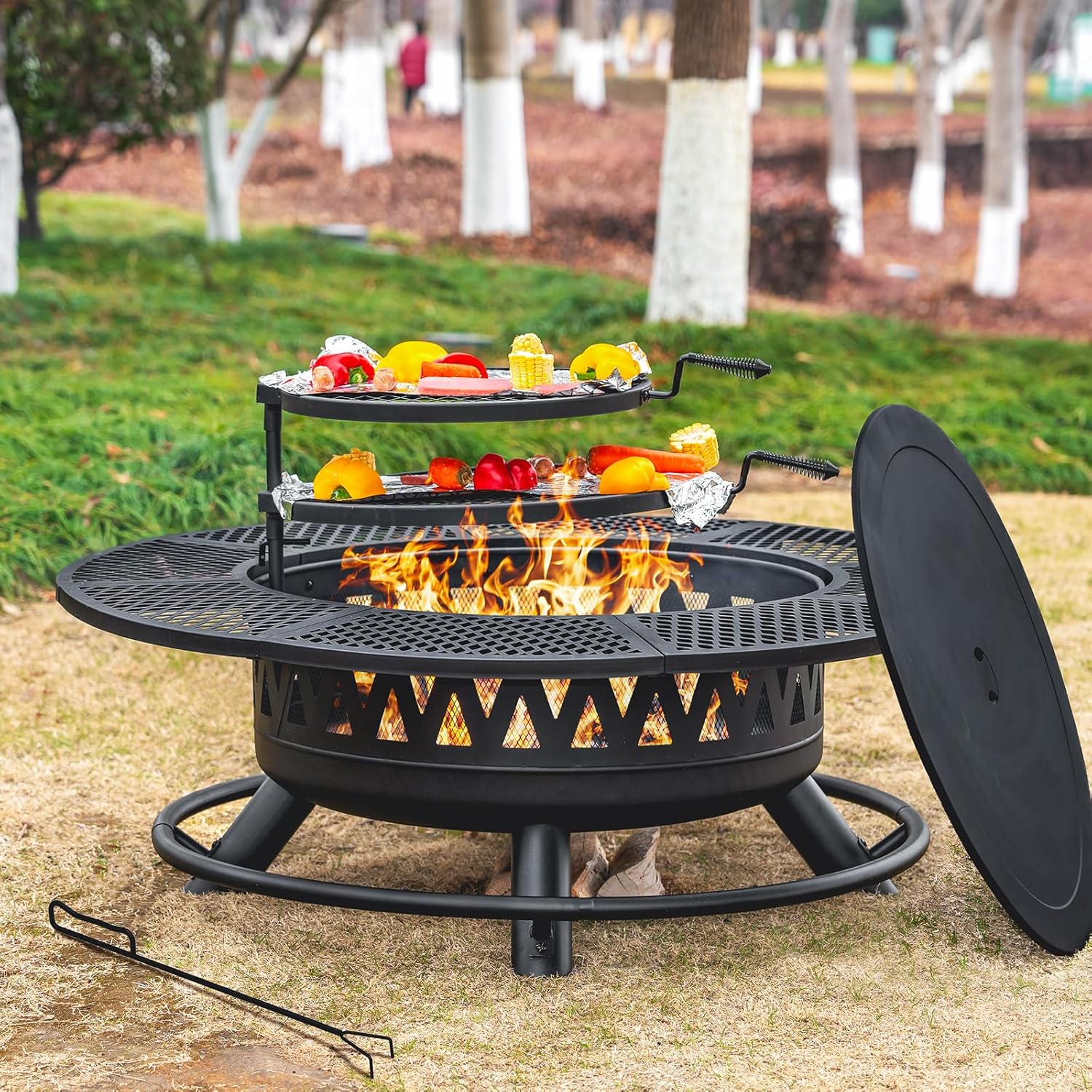 2026 Sales47 Inch Fire Pit with 2 Grills, Outdoor Extra Large Firepits for Outside, Wood Burning Fireplace for Camping,Picnic,Bonfire, 3-in-1 Round Metal Table with Lid for Backyard,Patio,Party