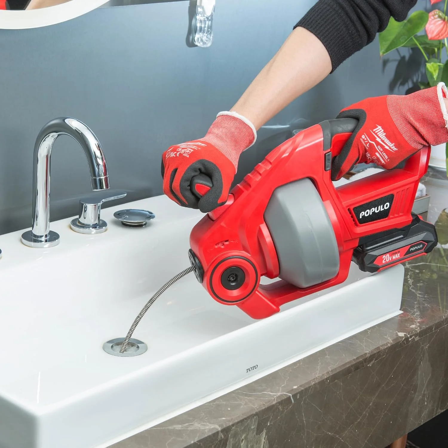 2026 Sales20V Cordless Electric Drain Auger-Efficient 25Ft Auto-Feed Drain Snake with Replaceable Cable,2.0Ah Battery,Charger,Storage Bag & Gloves for Kitchen,Bathroom,Shower Pipes (3/4