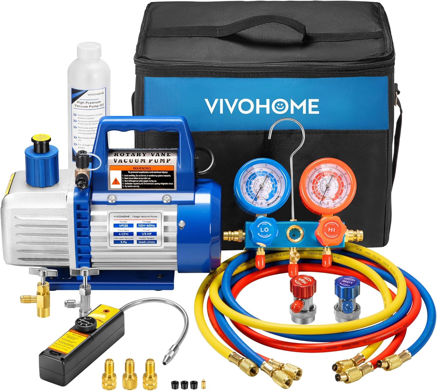 A single-stage rotary vane air vacuum pump with 110V, 1/3 horsepower and 4 cubic feet per minute, as well as an R134a AC manifold pressure gauge kit (with leak detector carry bag), is suitable for HVAC refrigeration and charging applications.