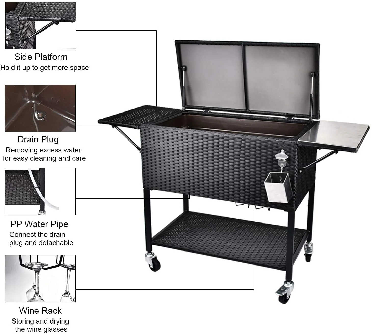 2026 Sales80 Quart Rattan Rolling Cooler Cart, Portable Wicker Cooler Trolley, Backyard Party Drink Beverage Bar