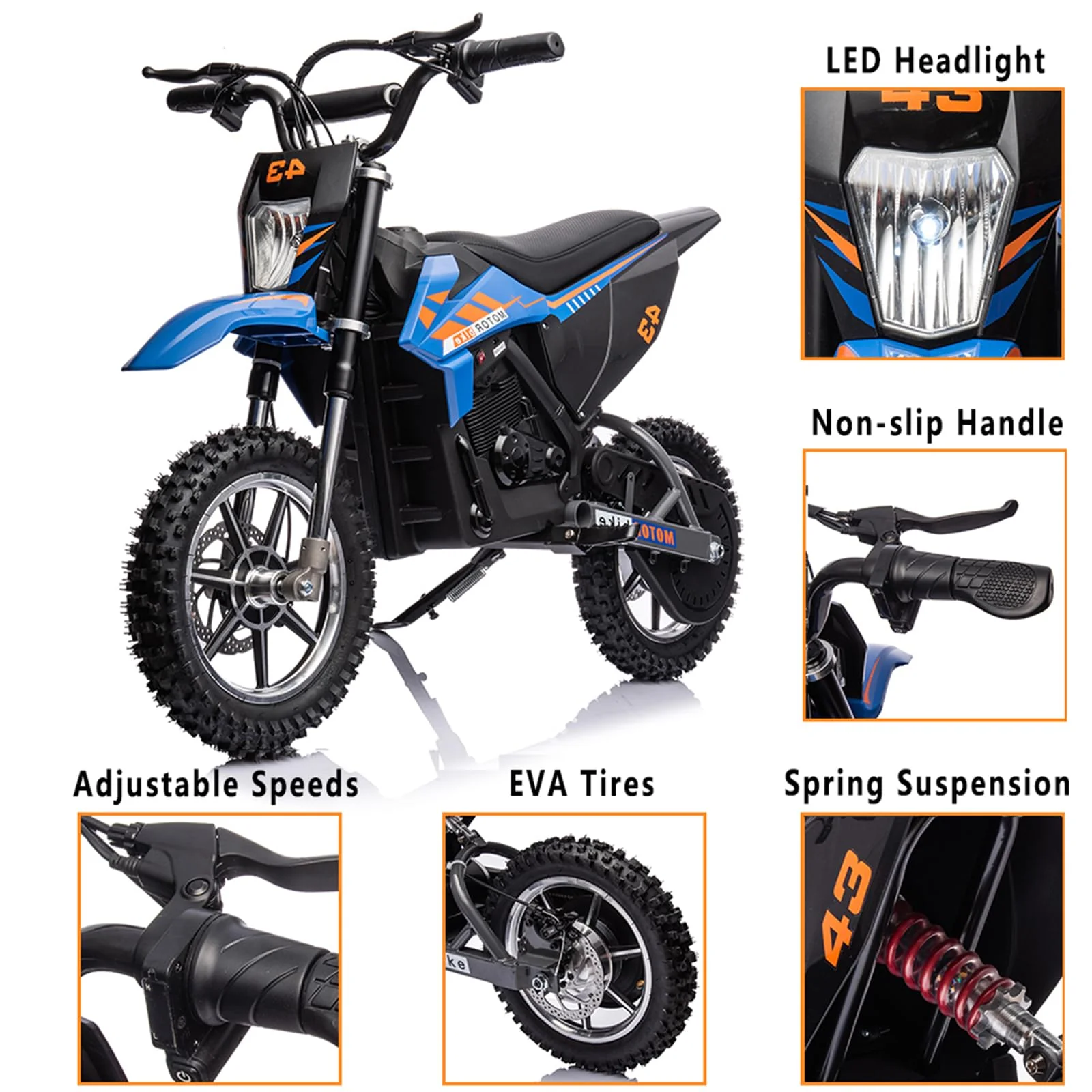 2026 Sales36V Kids Electric Dirt Bike, 36V, 350W, 15.5MPH, LED, 175lbs Max – Blue