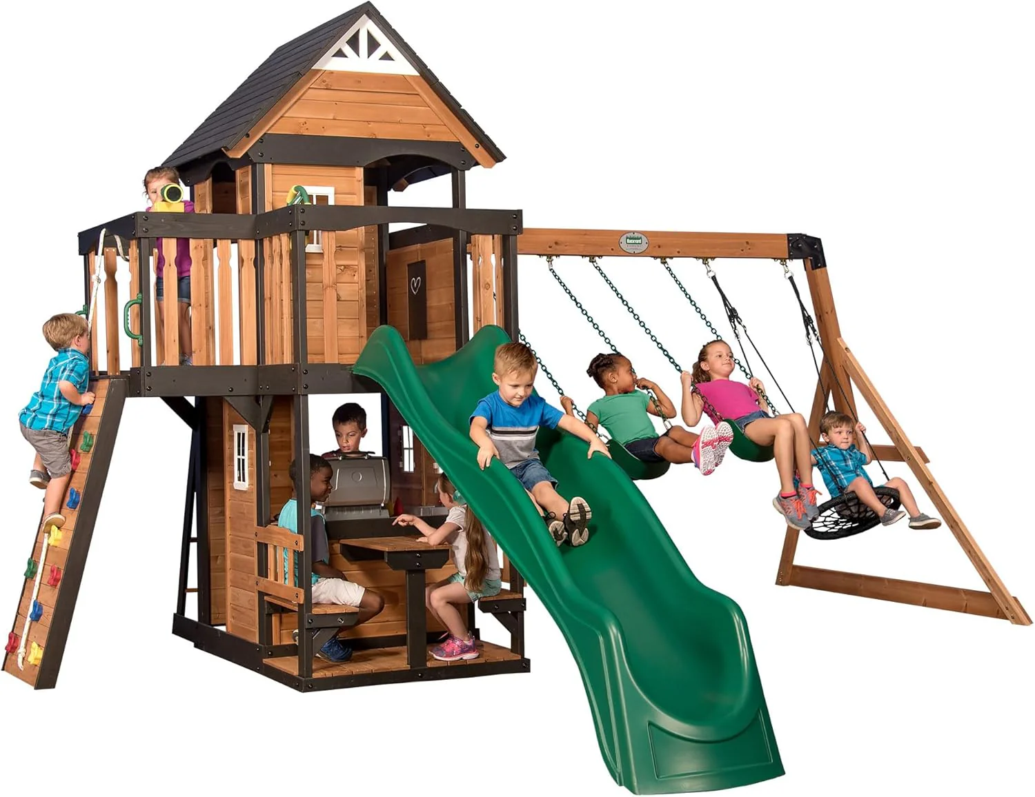 2026 SalesBackyard Discovery Canyon Creek Cedar Wood Swing Set with Wave Slide, Clubhouse, Play Kitchen, Picnic Area, Belt Swings, Web Swing, Rock Wall, Balconies, Playhouse, Step Ladder, Outdoor Playset