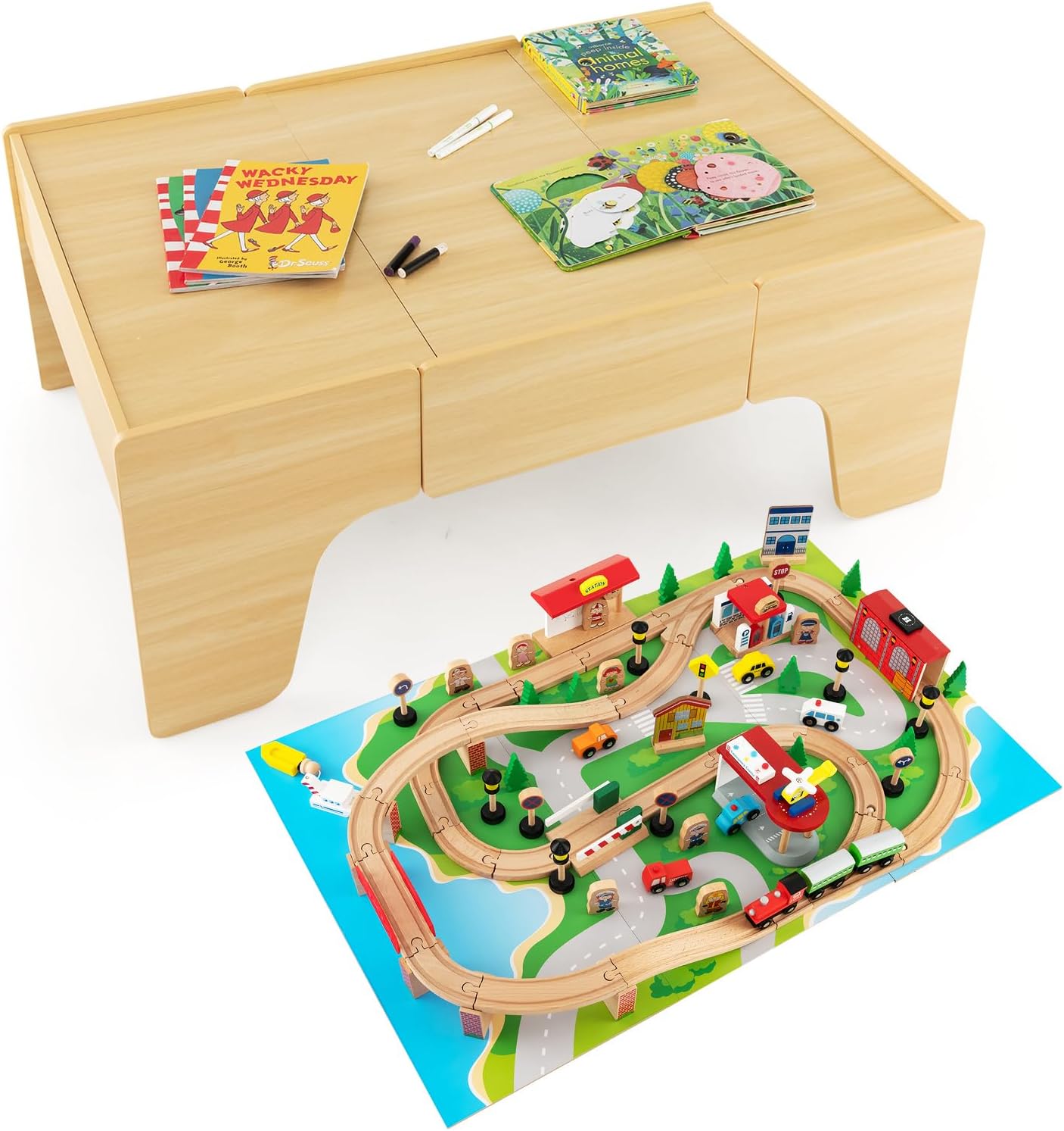The dual-function wooden children's activity table with storage function, featuring 100 colorful components, tracks, trains, and cars, is a children's train table set suitable for children aged 3 and above. It has a flip-up tabletop and is a gift for