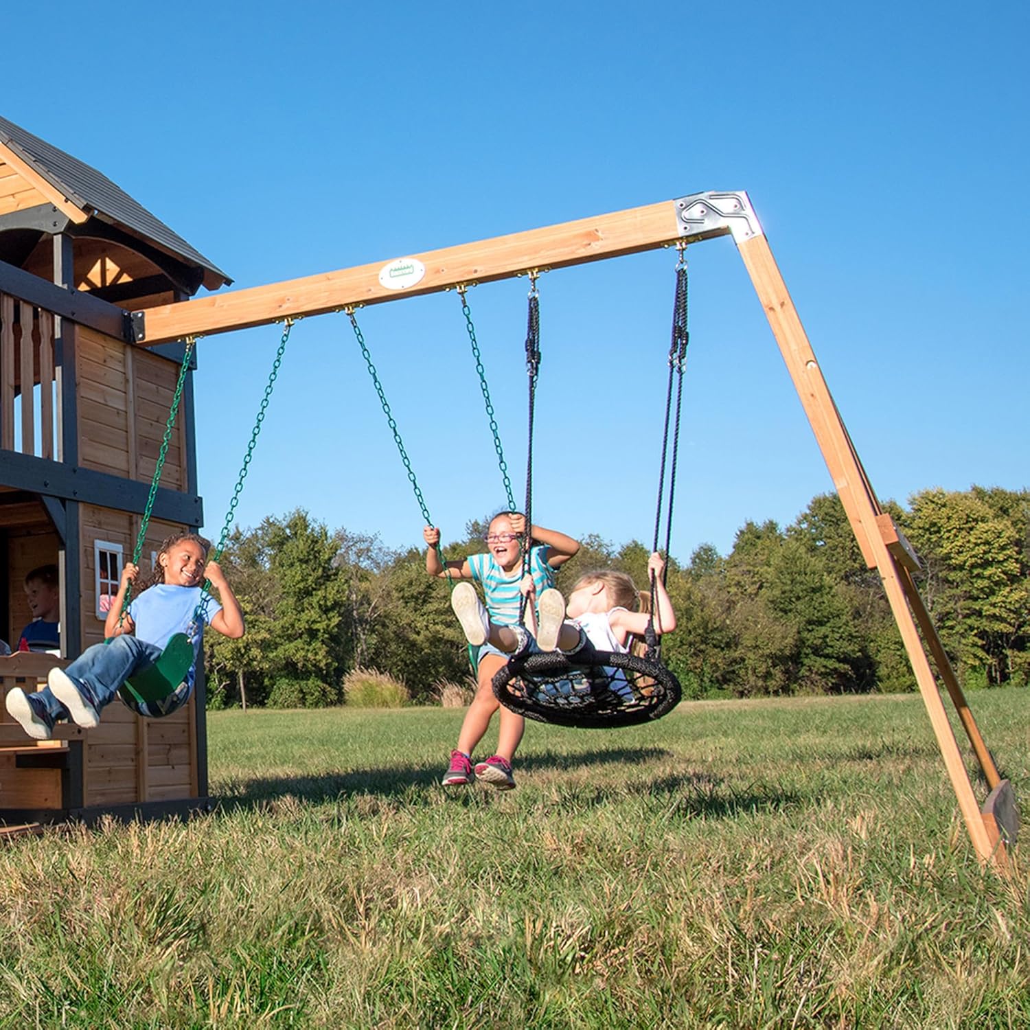 2026 SalesBackyard Discovery Canyon Creek Cedar Wood Swing Set with Wave Slide, Clubhouse, Play Kitchen, Picnic Area, Belt Swings, Web Swing, Rock Wall, Balconies, Playhouse, Step Ladder, Outdoor Playset