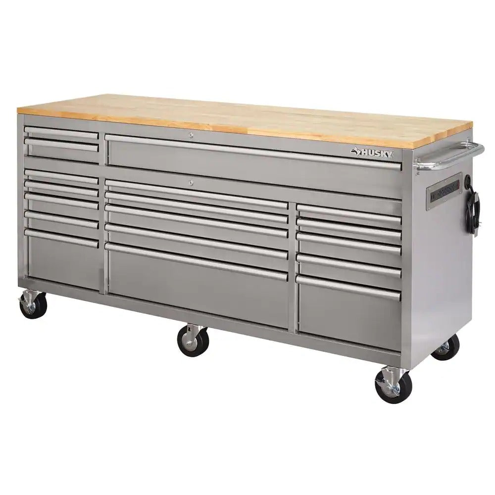 2026 Sales72 in 18-Drawer 24 in. D Mobile Workbench with Solid Wood Top Stainless Steel