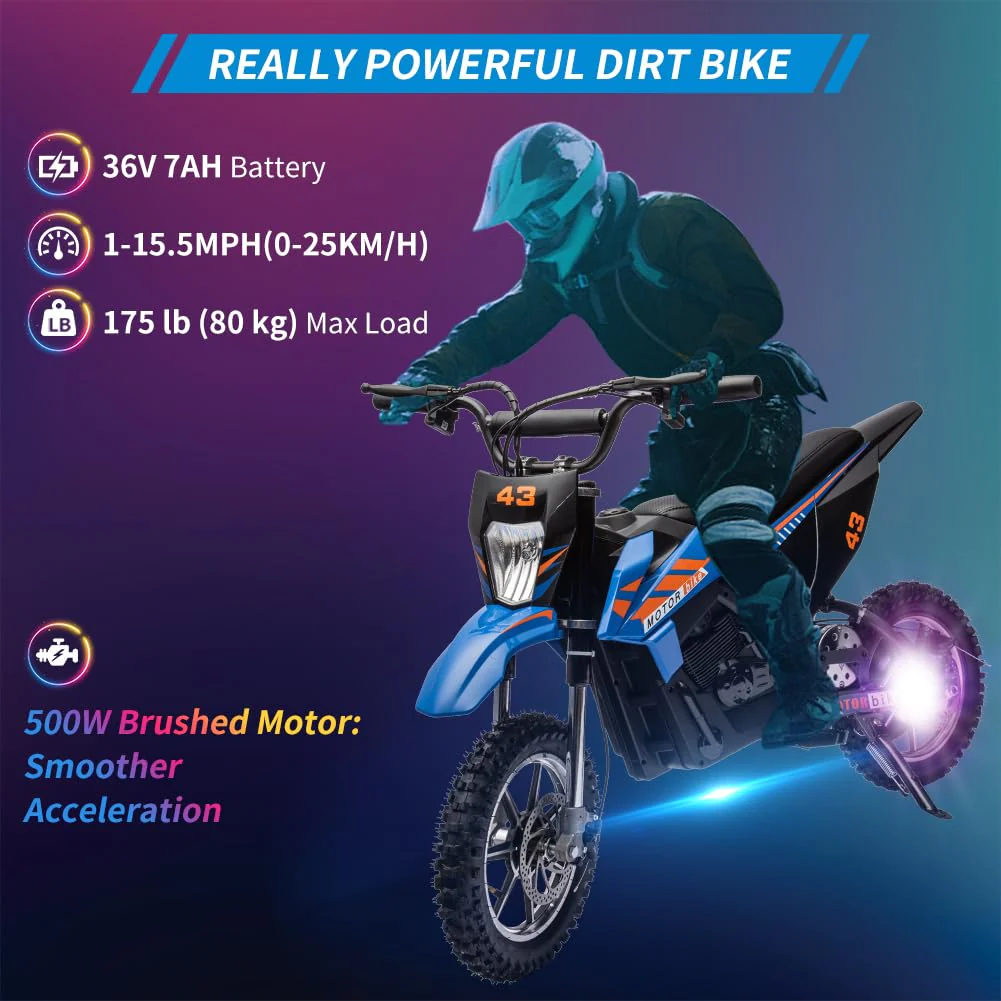 2026 Sales36V Kids Electric Dirt Bike, 36V, 350W, 15.5MPH, LED, 175lbs Max – Blue