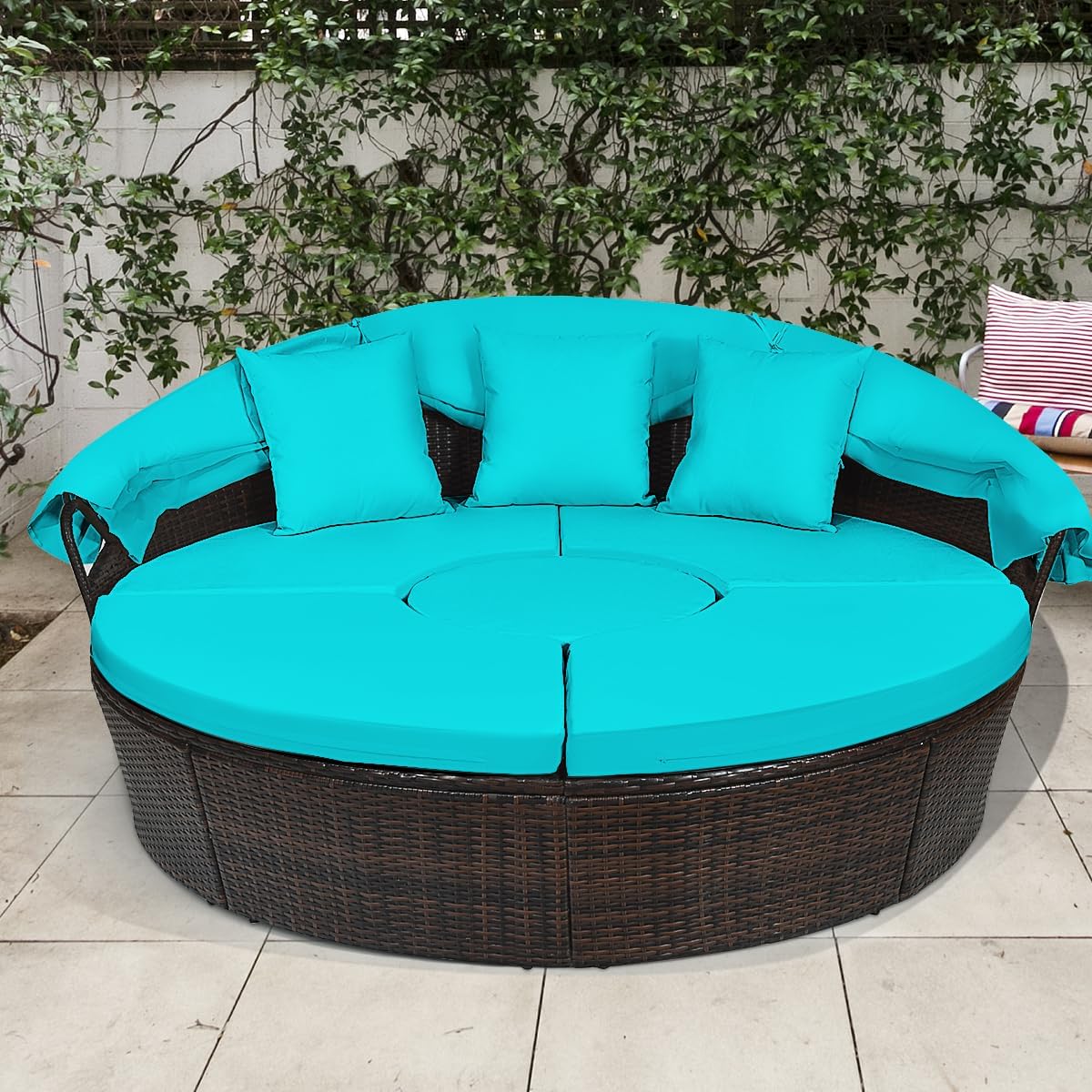2026 SalesOutdoor daybed, rattan round daybed with sunshade canopy, patio set with cushions and adjustable coffee table, rattan patio furniture, suitable for backyard terraces, porches, and poolside (green color)