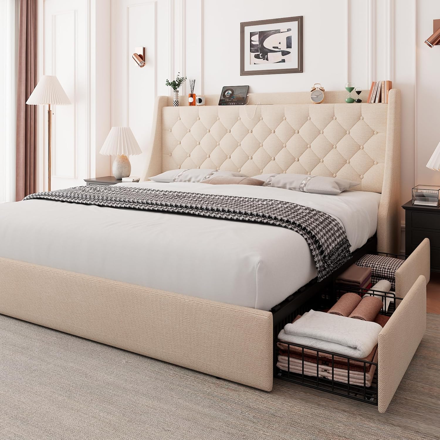 2026 SalesA super-large bed frame with storage drawers, equipped with a charging station and a fringed wing-style storage headboard. No need for a spring bed frame. Easy to assemble. In beige color scheme.