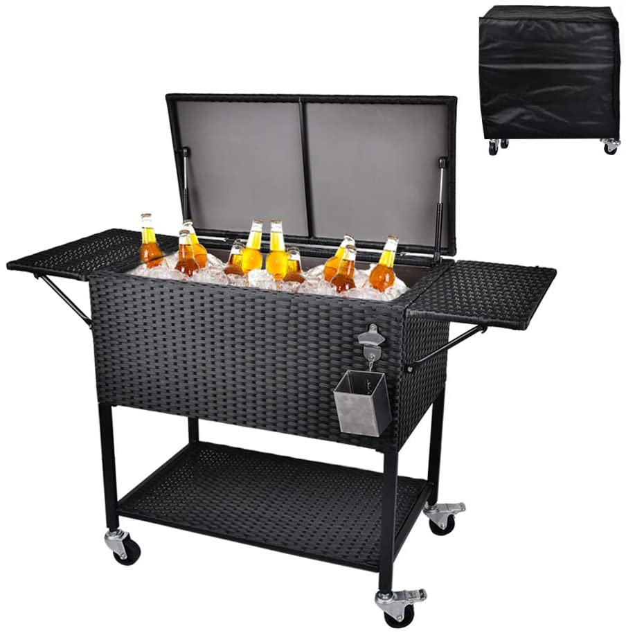 2026 Sales80 Quart Rattan Rolling Cooler Cart, Portable Wicker Cooler Trolley, Backyard Party Drink Beverage Bar