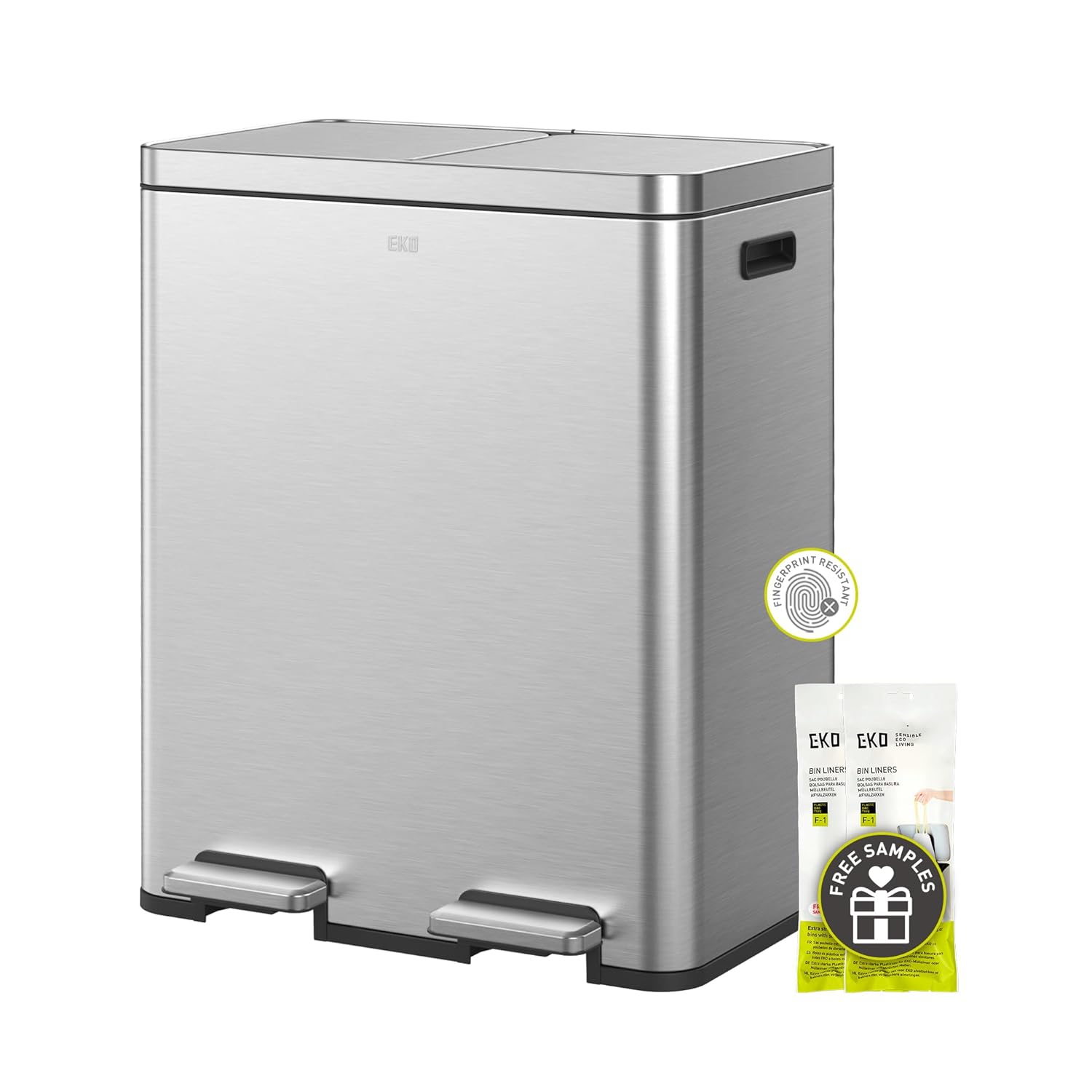 2026 Sales30L + 30L dual trash cans, with recycling bin, stainless steel independent footrest and lid, 2 8-gallon trash cans suitable for kitchen, slow-closing design, fingerprint-resistant treatment