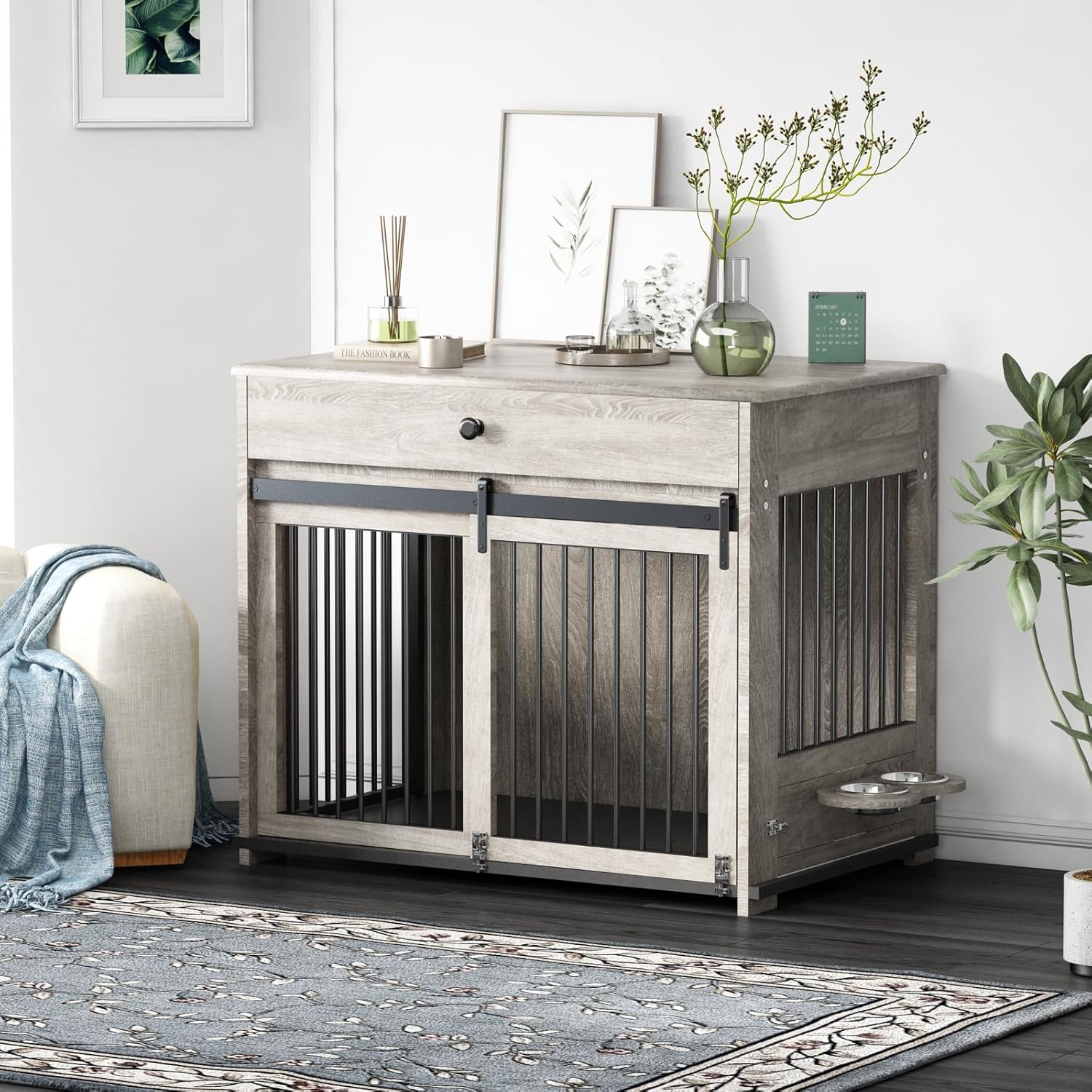 2026 SalesWooden dog cage furniture, indoor kennel, with flip-up door, 360° rotating dog bowl and storage drawer, suitable for medium to large-sized dogs, durable dog cage, white.