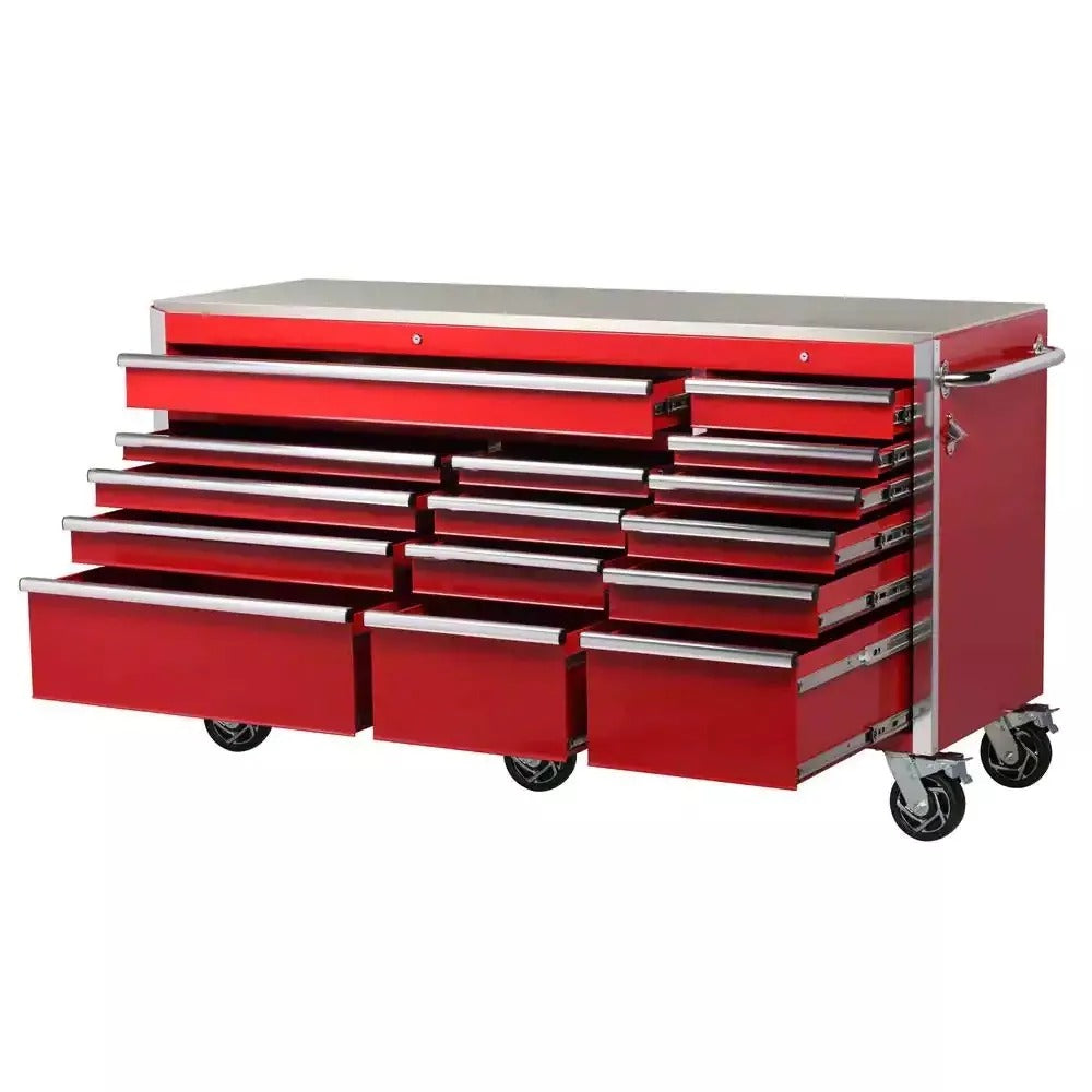 2026 SalesHeavy-Duty 72 in. W x 24 in. D 15-Drawer Tool Chest Mobile Workbench with Stainless Steel Top and Dual Locks in Red