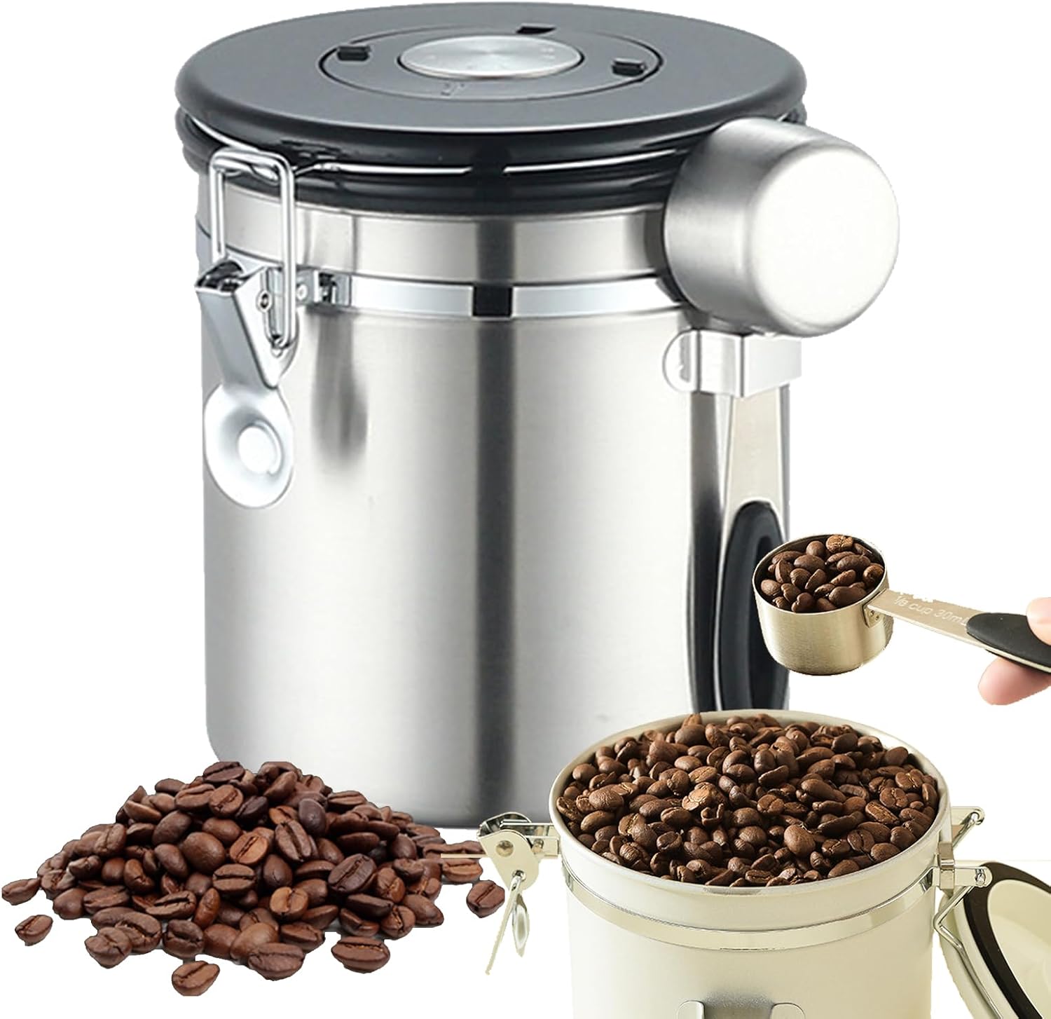 2026 Sales1.8 litre sealed coffee container, portable vacuum coffee storage container, stainless steel spoon with one-way exhaust valve, date tracker and coffee spoon, suitable for coffee shop accessories, coffee beans, tea.