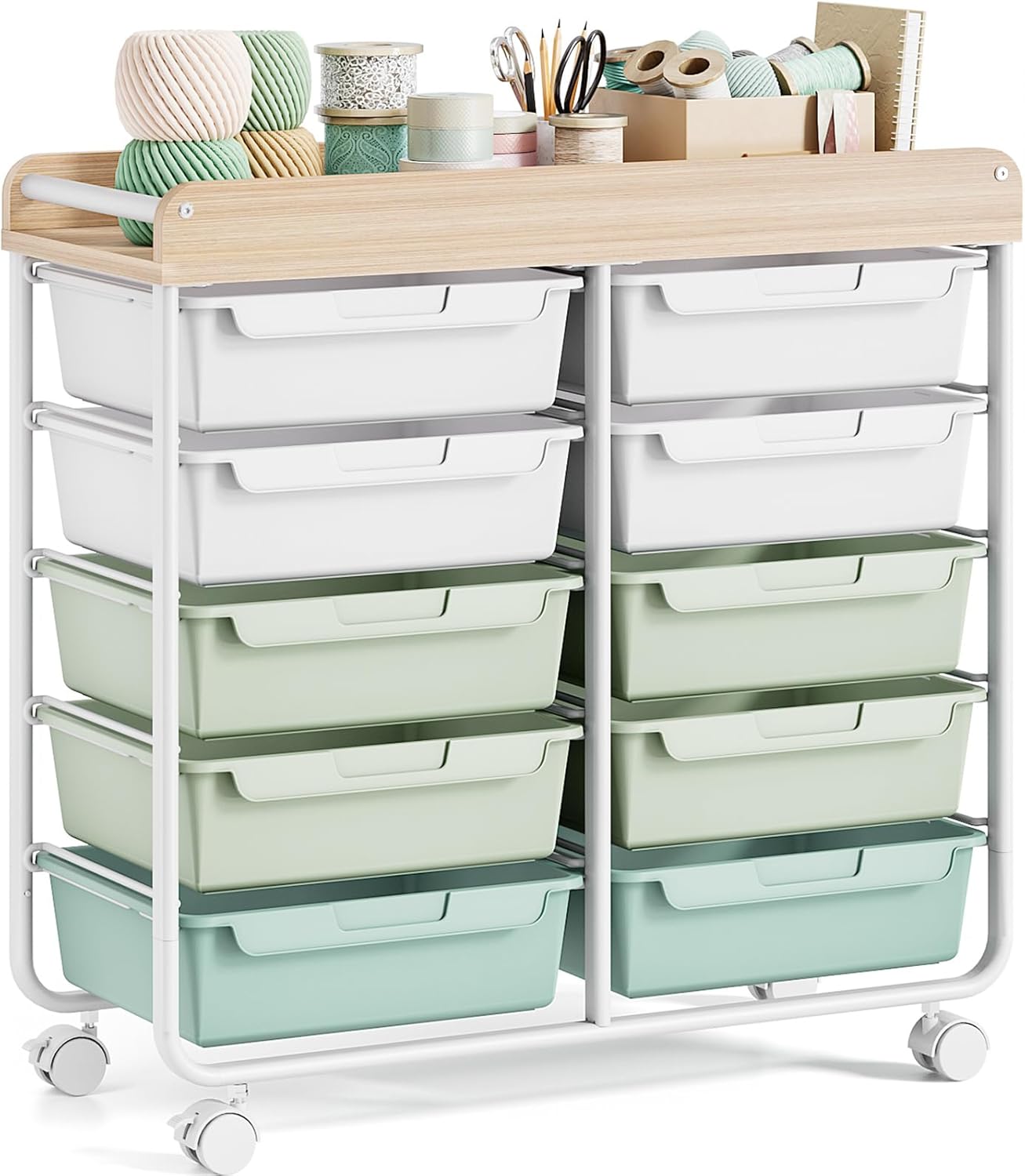 2026 SalesRolling Storage Cart with 10 Large Drawers, Utility Cart with Wooden TableTop for Craft Organizers, Art Supply Storage, Home Office Organization, Cart with Wheels for Classroom, School, Green