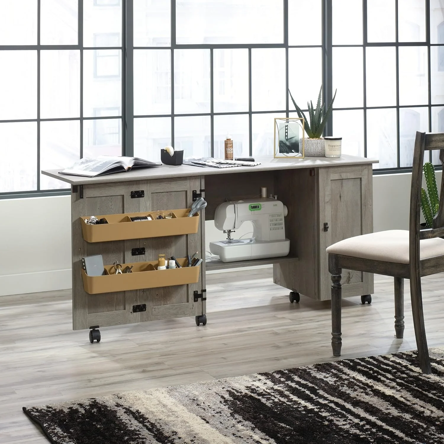 2026 SalesCraft Cart Storage Cabinet, Rolling Sewing Table with Expandable Top, Mystic Oak