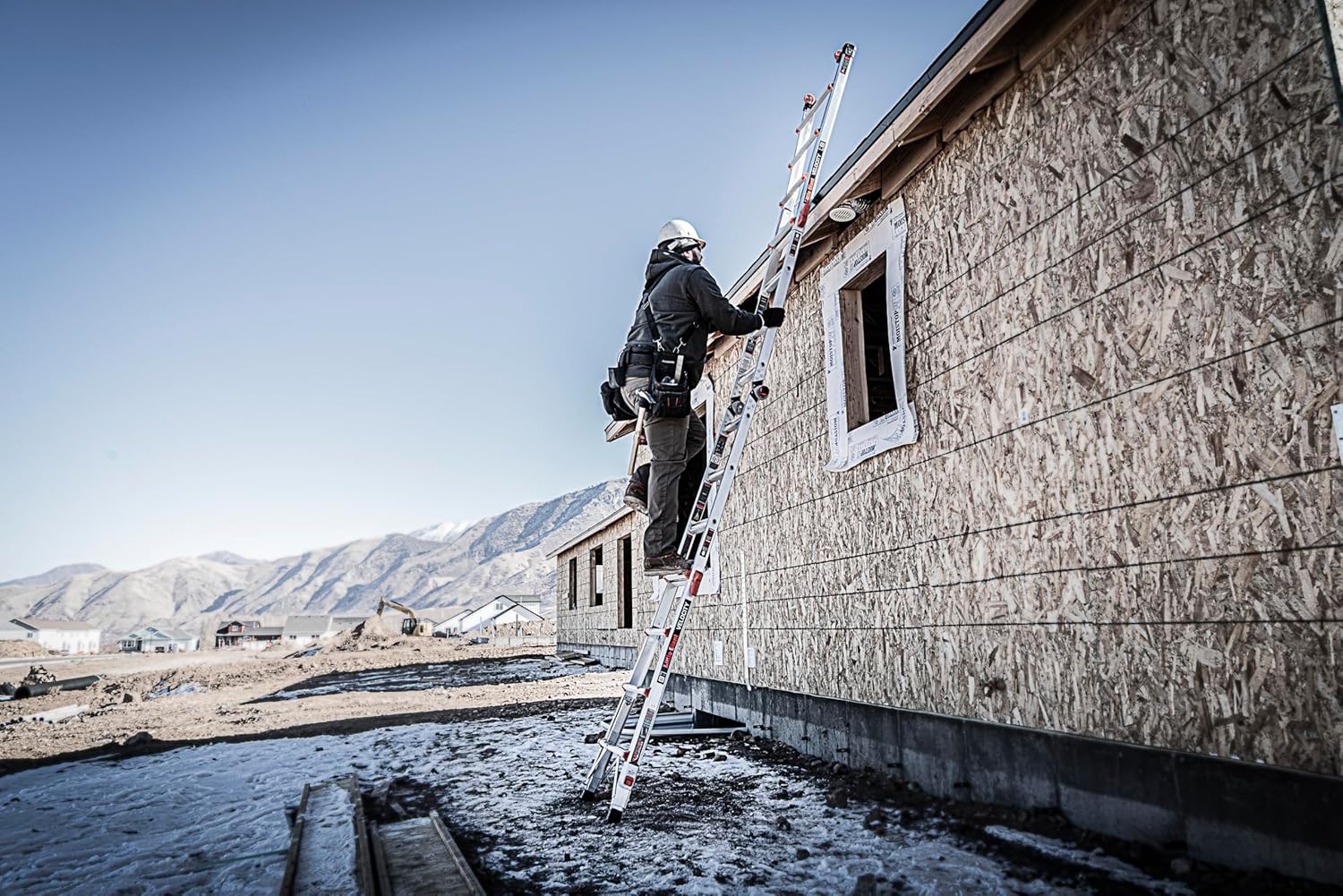 2026 Sales17-foot foldable multi-position ladder, made of aluminum, with a load capacity of 300 pounds, 1A type super heavy-duty, 18-foot extension length, equipped with a ratchet leveling device and wheels