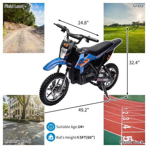 2026 Sales36V Kids Electric Dirt Bike, 36V, 350W, 15.5MPH, LED, 175lbs Max – Blue