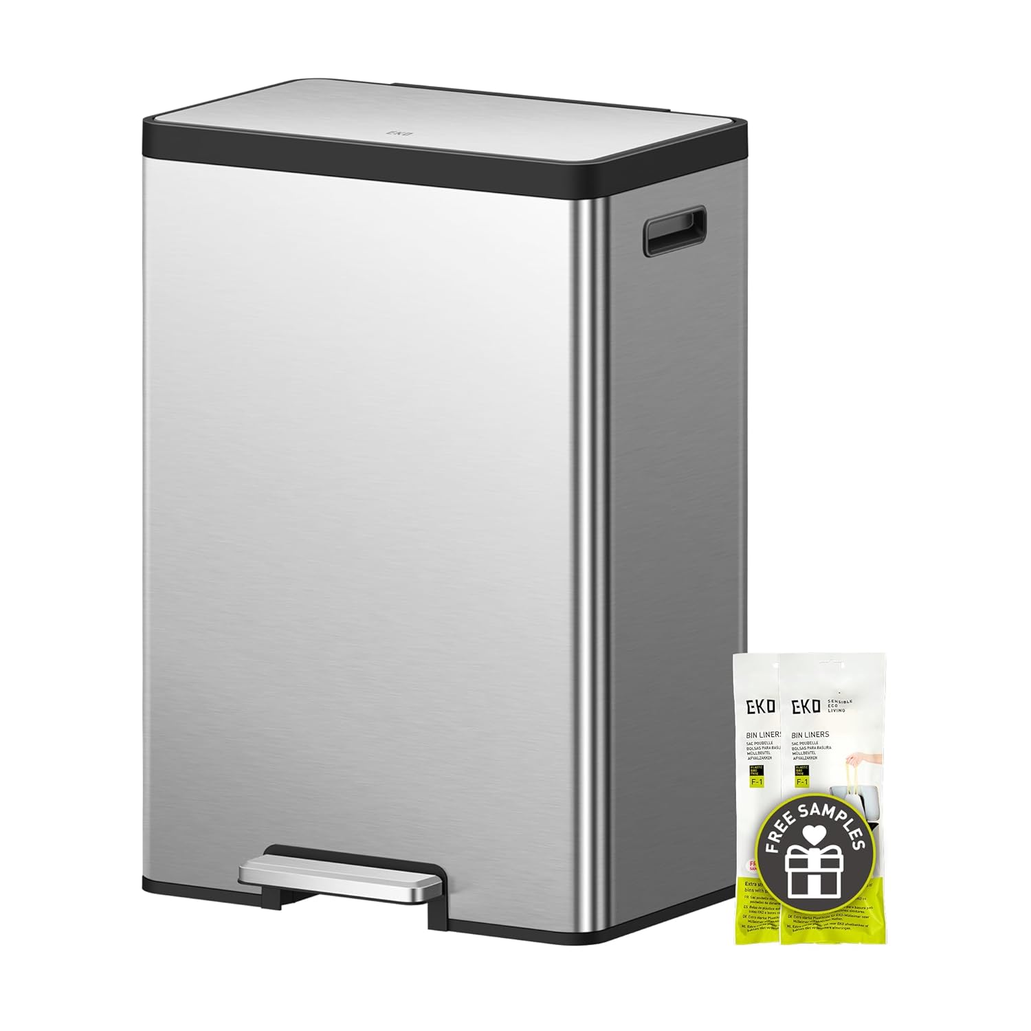 2026 Sales30L + 30L dual trash cans, with recycling bin, stainless steel independent footrest and lid, 2 8-gallon trash cans suitable for kitchen, slow-closing design, fingerprint-resistant treatment