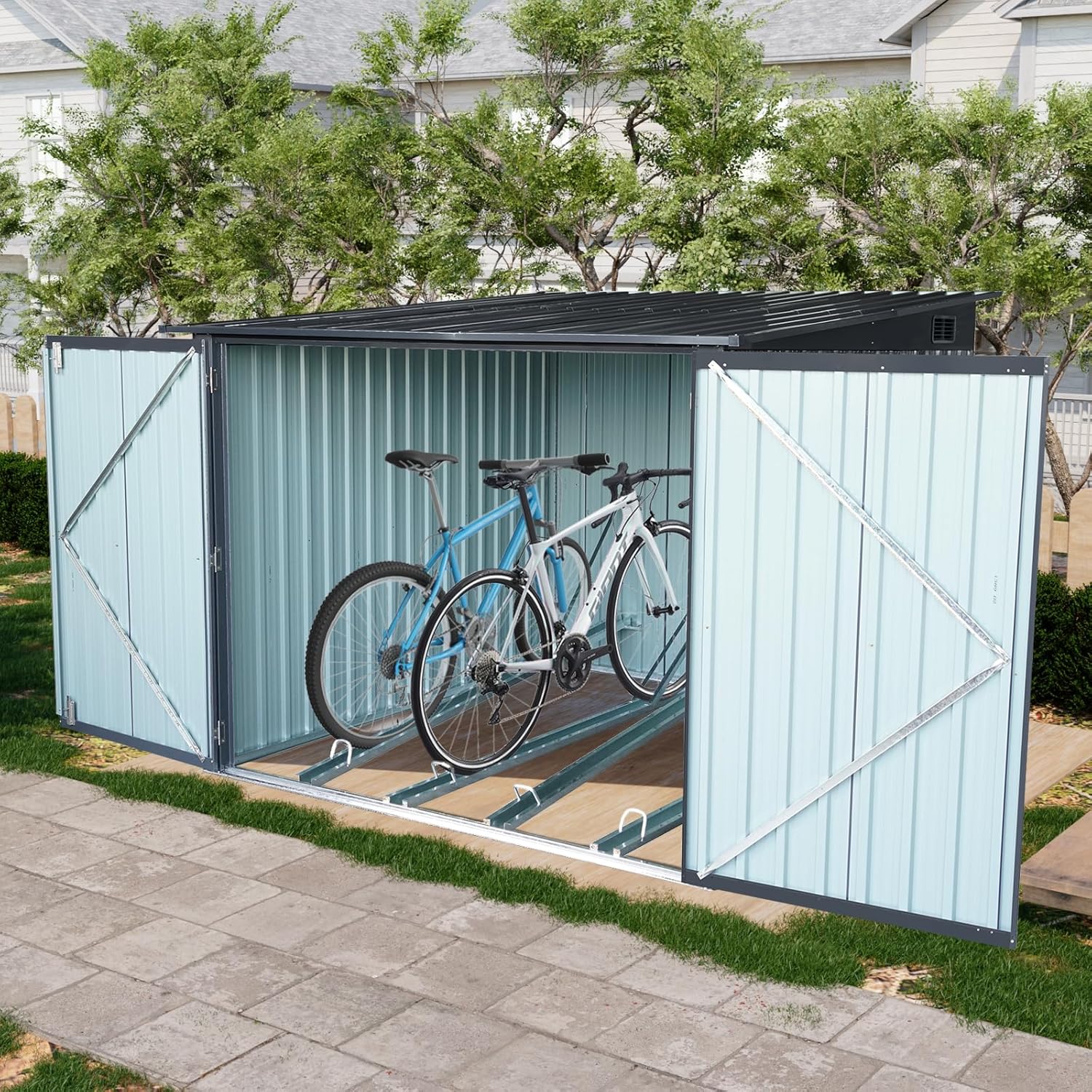 2026 Sales5-foot outdoor steel bicycle storage shed with a sloping roof and 4 bicycle tracks. Bicycle storage shed, black version.