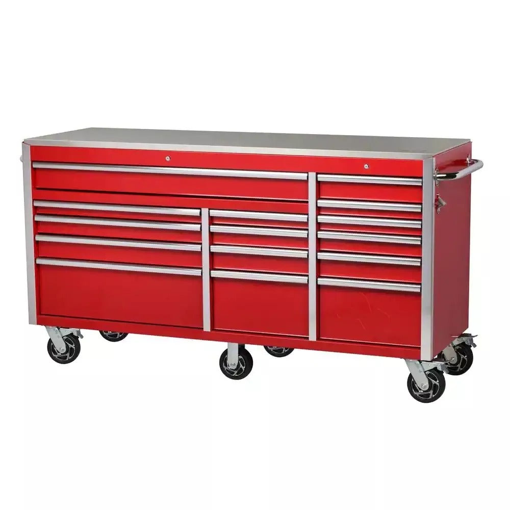 2026 SalesHeavy-Duty 72 in. W x 24 in. D 15-Drawer Tool Chest Mobile Workbench with Stainless Steel Top and Dual Locks in Red