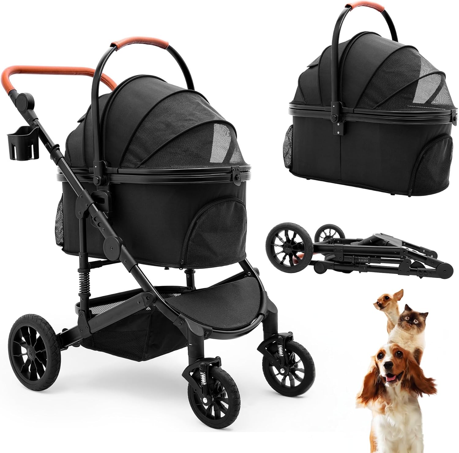 2026 SalesPet Stroller with 4 Wheels, Foldable Pet Travel Carrier for Small/Medium Dogs Cats up to 50lbs, Detachble Portable Pet Bag, Storage Basket, Car Seat 3 in 1 Multifunctional (Grey)