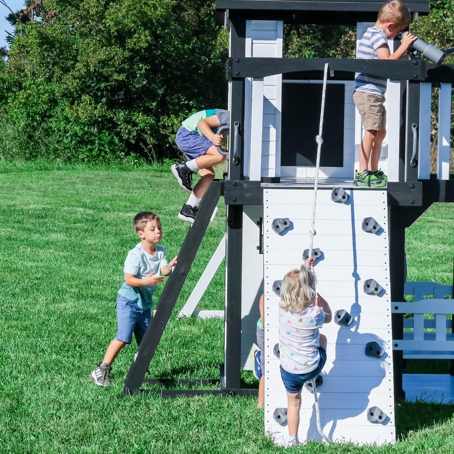 2026 SalesBackyard Discovery Canyon Creek Cedar Wood Swing Set with Wave Slide, Clubhouse, Play Kitchen, Picnic Area, Belt Swings, Web Swing, Rock Wall, Balconies, Playhouse, Step Ladder, Outdoor Playset