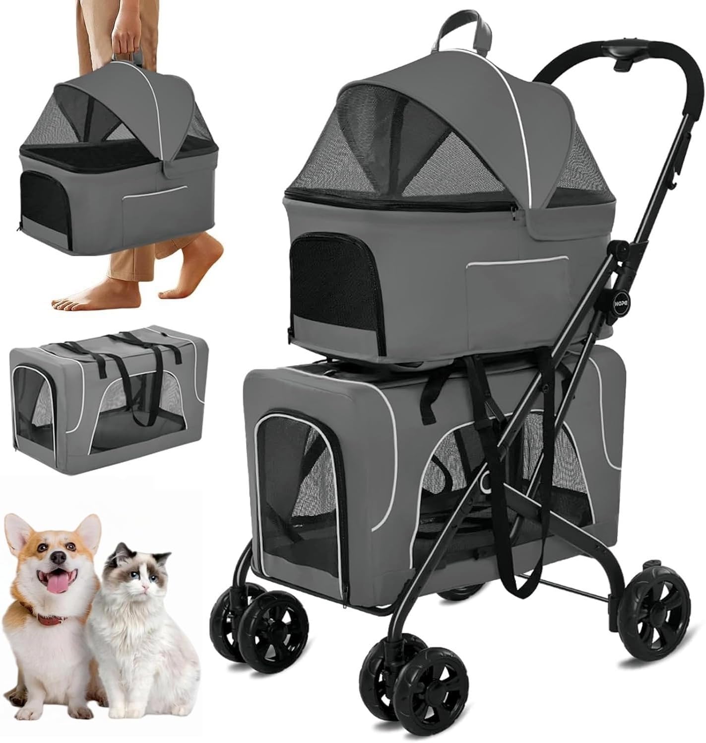 2026 SalesDouble Dog Stroller for 2 Dogs, Detachable Carriers, Safety Belt, Lockable Wheels, Pet Travel Carrier Strolling Cart, Folding Cat Stroller for Small Medium Pets Dogs (Blue)