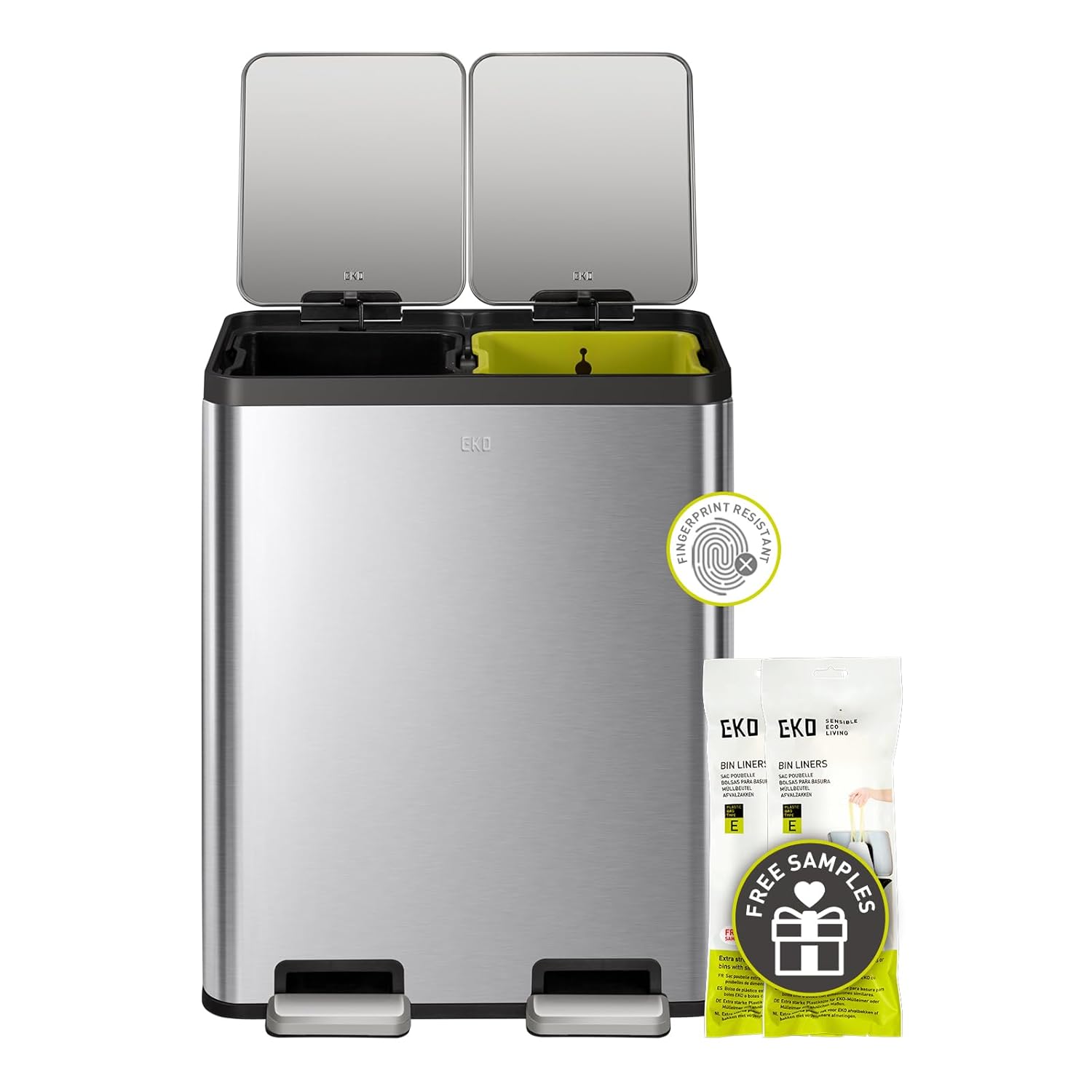 2026 Sales30L + 30L dual trash cans, with recycling bin, stainless steel independent footrest and lid, 2 8-gallon trash cans suitable for kitchen, slow-closing design, fingerprint-resistant treatment