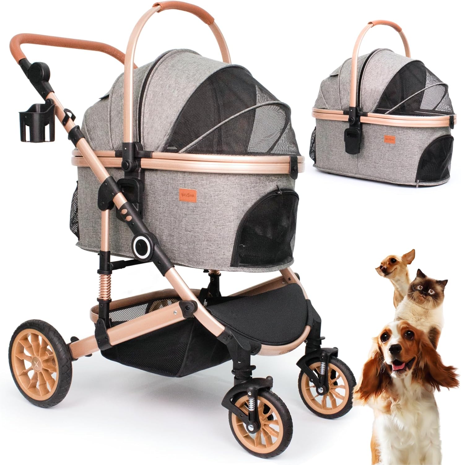 2026 SalesPet Stroller with 4 Wheels, Foldable Pet Travel Carrier for Small/Medium Dogs Cats up to 50lbs, Detachble Portable Pet Bag, Storage Basket, Car Seat 3 in 1 Multifunctional (Grey)