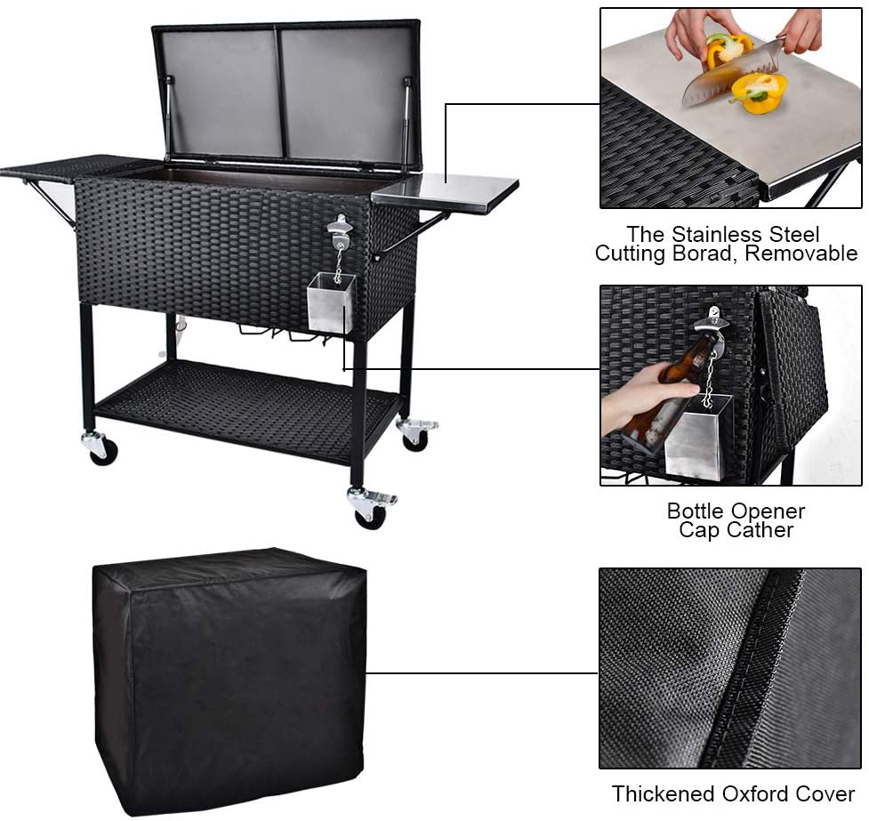 2026 Sales80 Quart Rattan Rolling Cooler Cart, Portable Wicker Cooler Trolley, Backyard Party Drink Beverage Bar