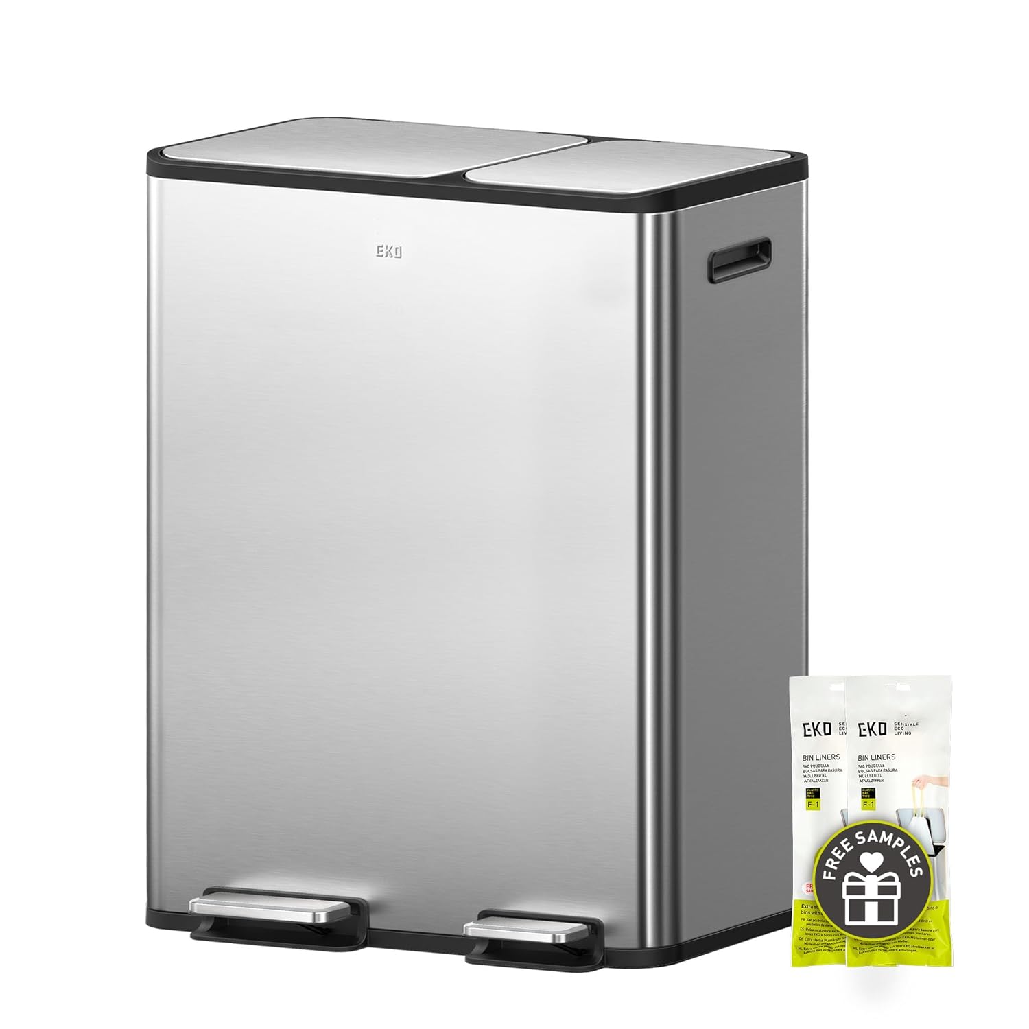 2026 Sales30L + 30L dual trash cans, with recycling bin, stainless steel independent footrest and lid, 2 8-gallon trash cans suitable for kitchen, slow-closing design, fingerprint-resistant treatment